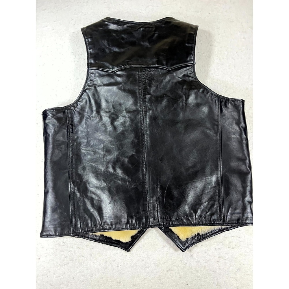 Vintage Y2K Pingguo Sheepskin Shearling Leather Vest Women XL Black Button Front - Picture 5 of 14